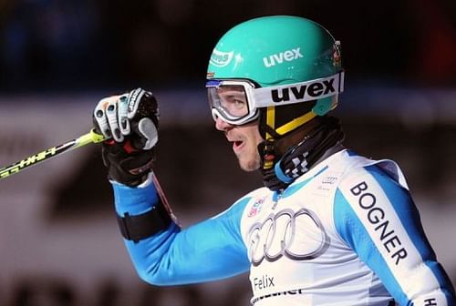 Germany's Felix Neureuther celebrates in Munich, southern Germany, on January 1, 2013