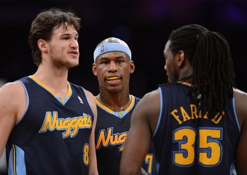 (From L) Danilo Gallinari, Al Harrington and Kenneth Faried of the Denver Nuggets on May 12, 2012