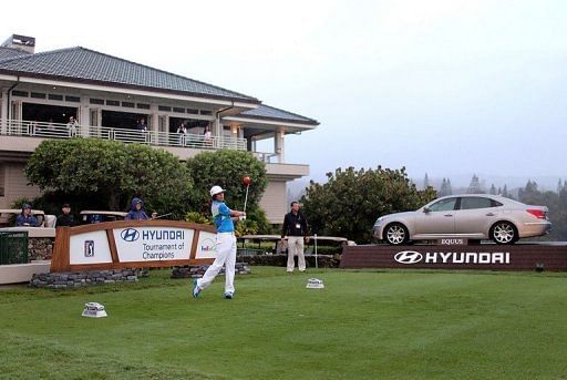 Rickie Fowler hits a tee shot at the Plantation Course on January 3, 2013 in Kapalua, Hawaii