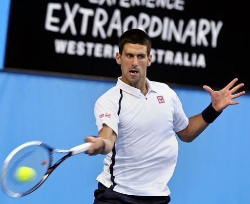 Novak Djokovic playing Tommy Haas at the Hopman Cup tennis tournament in Perth, Australia on January 4, 2013