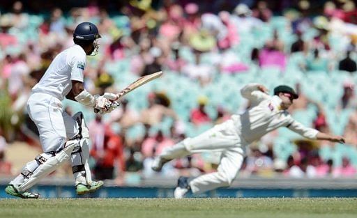 Sri Lankan batsman Dimuth Karunaratne plays a shot on day three of the third Test against Australia on January 5, 2013