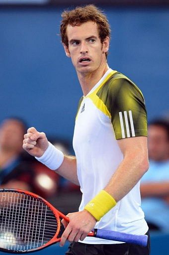 Andy Murray celebrates winning a game in his semi-final match against Kei Nishikori on January 5, 2013