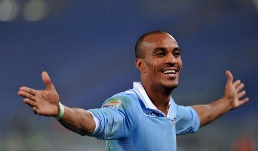 Lazio's defender Abdoulay Konko celebrates after scoring against Cagliari, on January 5, 2013 in Rome