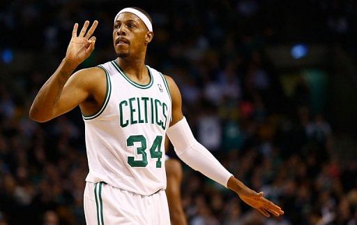 Paul Pierce of the Boston Celtics gestures after being fouled against the Dallas Mavericks on December 12, 2012