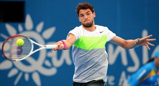 Grigor Dimitrov hits a forehand during the Brisbane International final against Andy Murray on January 6, 2013