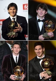 A combination of images from 2010 to 2013 shows Lionel Messi posing with his 4 consecutive Ballon d'Or trophies