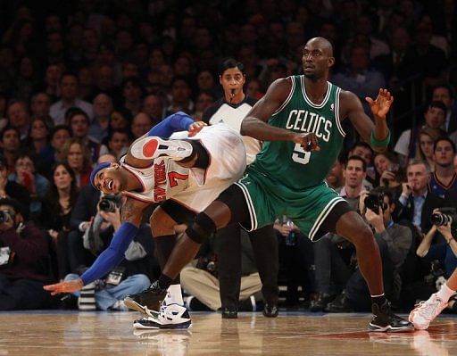 Kevin Garnett of the Boston Celtics and Carmelo Anthony of the New York Knicks during their game on January 7, 2013