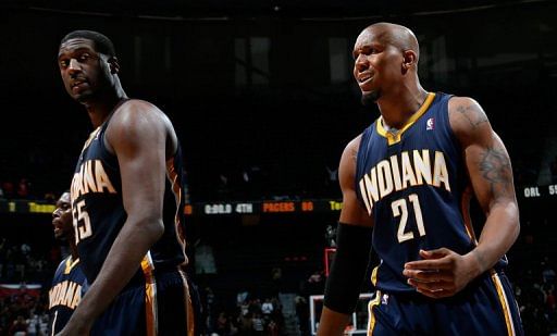 David West (R) and Roy Hibbert of the Indiana Pacers after a game  in Atlanta, Georgia on November 7, 2012
