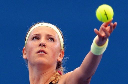 Victoria Azarenka of Belarus serves during a Brisbane International match on January 3, 2013