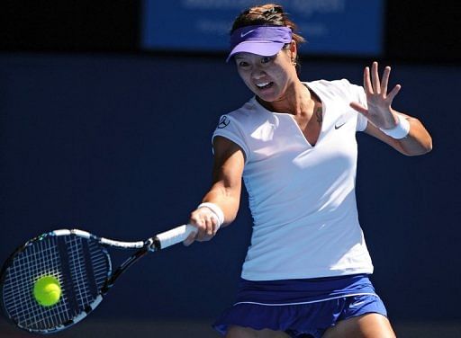 Li Na of China during an Australian Open women&#039;s singles match in Melbourne on January 22, 2012