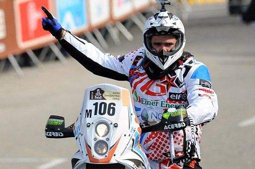 France&#039;s Thomas Bourgin on KTM is pictured during the 2013 Dakar Rally departure ceremony in Lima on January 5, 2013