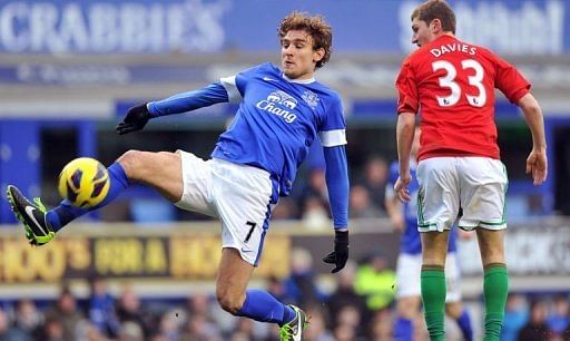 Everton&#039;s Nikica Jelavic (L) and Swansea City&#039;s Ben Davies fight for the ball in Liverpool on January 12, 2013