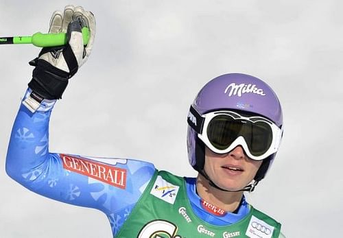 Maze reacts in finish area of the women's World Cup downhill, on January 12, 2012 in St Anton am Arlberg, Austria