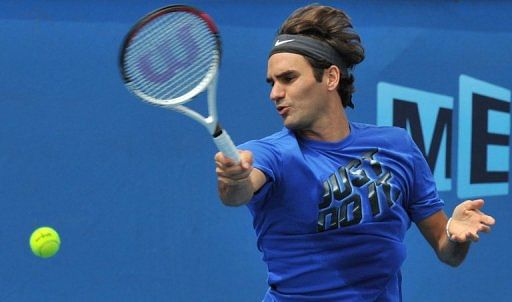 Roger Federer practises in Melbourne on January 12, 2013 ahead of the Australian Open