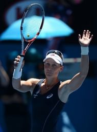 Samantha Stosur celebrates after beating Chang Kai-Chen (unseen) at the Australian Open in Melbourne on January 14, 2013
