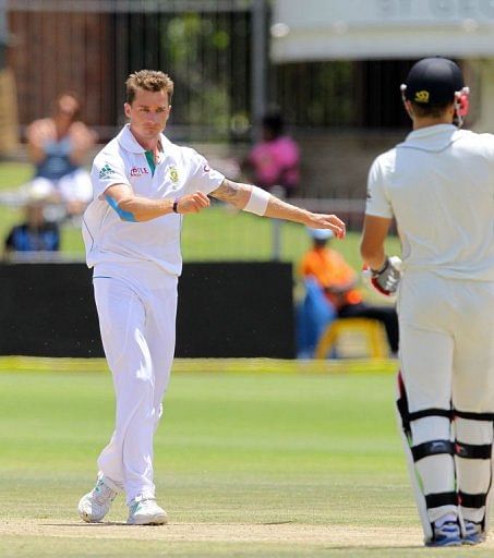 South Africa's Dale Steyn (left) celebrates his team's victory over New Zealand in Port Elizabeth on January 14, 2013