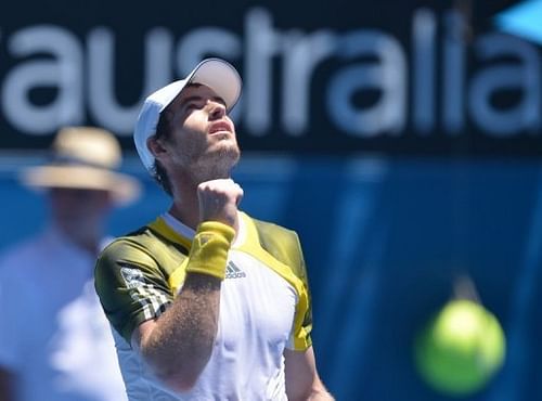 Andy Murray reacts after victory over Robin Haase at the Australian Open in Melbourne on January 15, 2013