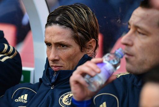 Chelsea forward Fernando Torres (L) was on the bench for the game at Stoke City on January 12, 2013