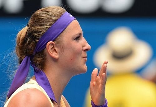 Victoria Azarenka blows a kiss after victory against Eleni Daniilidou at the Australian Open on January 17, 2013