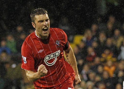 Rickie Lambert scores a penalty in the Premier League match against Fulham at Craven Cottage on December 26, 2012