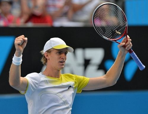 South Africa's Kevin Anderson celebrates after defeating Fernando Verdasco at the Australian Open on January 18, 2013