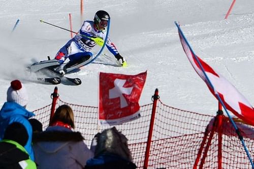 France's Alexis Pinturault (C) competes during the men's World Cup Super Combined on January 18, 2013, in Wengen