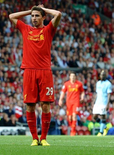Fabio Borini misses a chance during the English Premier League match with Manchester City at Anfield on August 26, 2012