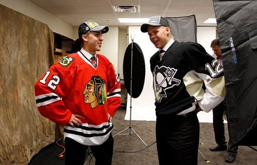 Teuvo Teravainen (L) of the Blackhawks and, Olli Maatta of the Penguins, pictured in Pittsburgh, on June 22, 2012