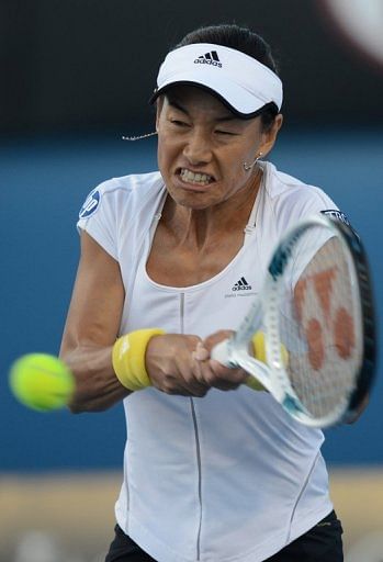 Kimiko Date-Krumm plays a return to Bojana Jovanovski in the Australian Open in Melbourne on January 19, 2013