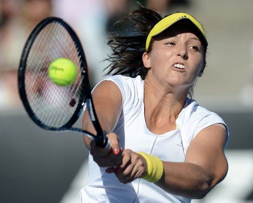 Laura Robson plays a return against Sloane Stephens at the Australian Open in Melbourne on January 19, 2013