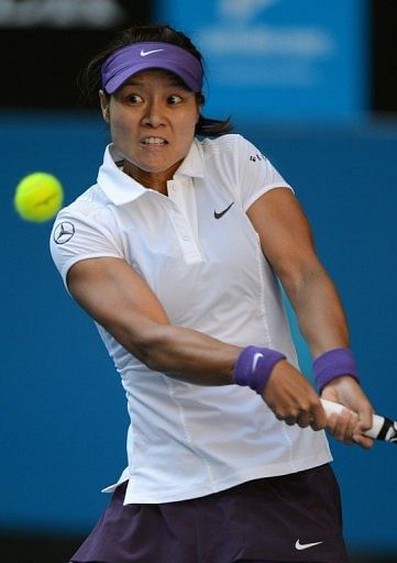 Li Na hits a return to Julia Goerges at the Australian Open in Melbourne on January 20, 2013