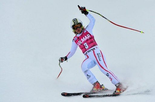 Nicole Schmidhofer celebrates after the women&#039;s SuperG world cup in Cortina d&#039;Ampezzo, Italy, on January 20, 2013