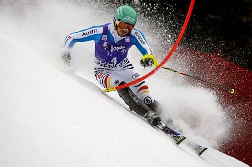 Felix Neureuther clears a gate at the FIS Alpine Skiing World Cup on January 20, 2013 in Wengen, Austria