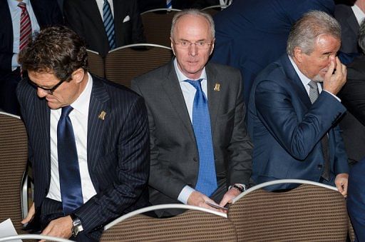Ex-England managers Fabio Capello (left), Sven-Goran Eriksson (centre) and Terry Venables in London on January 16, 2013