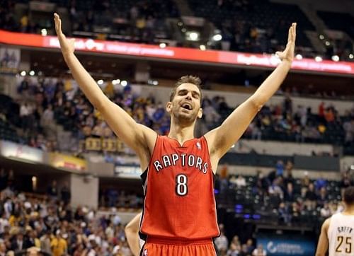 Toronto Raptors' Jose Calderon is pictured celebrating after a game in Indiana on November 13, 2012