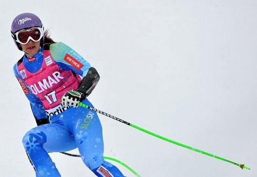 Slovenia's Tina Maze in the finishing area of the women's SuperG world cup in Cortina d'Ampezzo on January 20, 2013