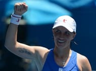 Svetlana Kuznetsova celebrates her victory over Caroline Wozniacki, in Melbourne, on January 21, 2013