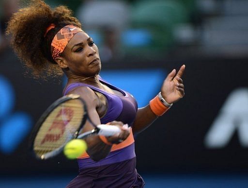 Serena Williams plays against Maria Kirilenko during their Australian Open match in Melbourne on January 21, 2013