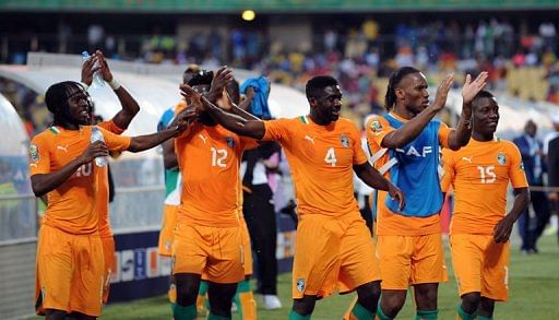 The Ivory Coast team celebrates beating Togo 2-1 on January 22, 2013 at Royal Bafokeng Stadium