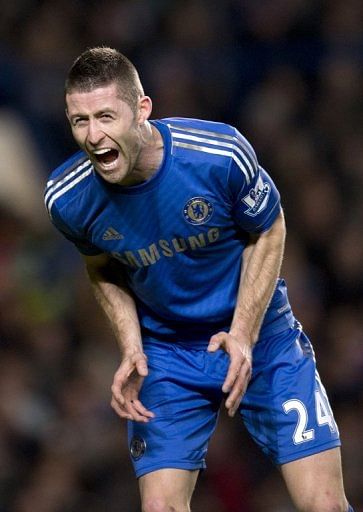Gary Cahill reacts during the League Cup semi-final first leg against Swansea City at Stamford Bridge on January 9, 2013