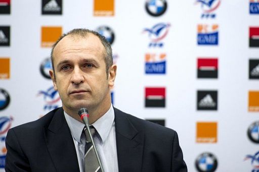 France coach Philippe Saint-Andre talks to the press on January 11, 2013 in Marcoussis, south of Paris