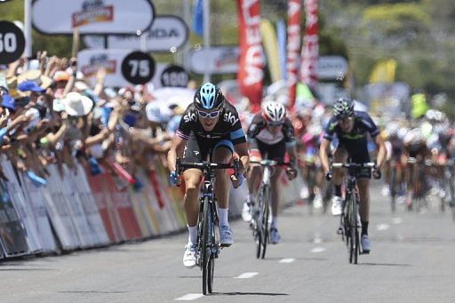 Geraint Thomas sprints to win stage two of the Tour Down Under in Adelaide on January 23, 2013