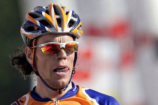 Thomas Dekker grimaces as he crosses the finish line during the Tour of Switzerland at Crans-Montana on June 21, 2007