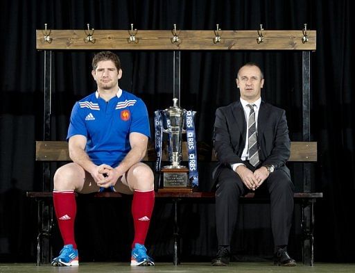 Pascal Pape (left) and Philippe Saint-Andre at the launch of the 2013 Six Nations in London on January 23, 2013