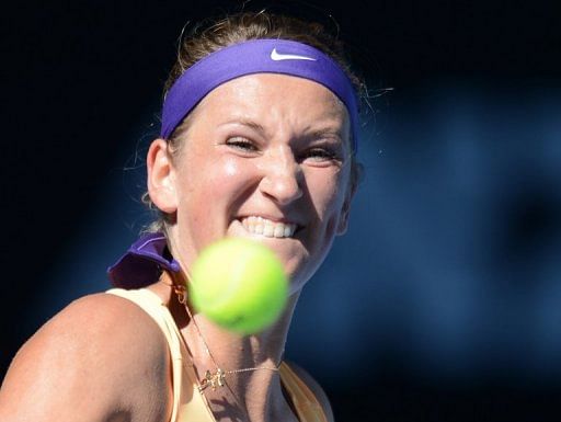 Victoria Azarenka plays a return during her semi-final against Sloane Stephens at the Australian Open on January 24, 2013