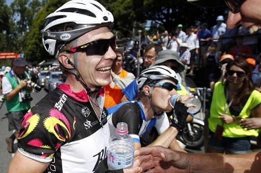 Tom Jelte Slagter enjoys a drink after winning the 139km stage three of the Tour Down Under on January 24, 2013