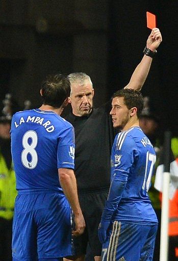 Eden Hazard is sent off after an incident involving a ball boy during the League Cup semi-final on January 23, 2013