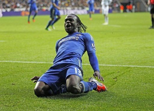 Chelsea&#039;s Nigerian midfielder Victor Moses celebrates scoring at Liberty Stadium, Swansea on November 3, 2012