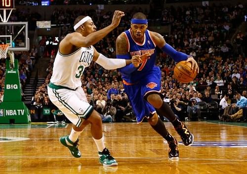 Carmelo Anthony (R) of the New York Knicks and Paul Pierce of the Boston Celtics during their game on January 24, 2013