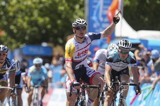Andre Greipel (C) of Germany celebrates after winning stage 4 of the Tour Down Under in Adelaide on January 25, 2013